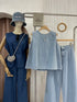 Denim Round Neck Pleated Back Tops with Trousers Sets